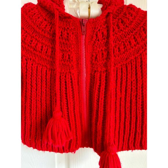 Vintage Hand Knit Bright Red Baby Cardigan with Hood and Tassels, 12 months - Picture 4 of 8